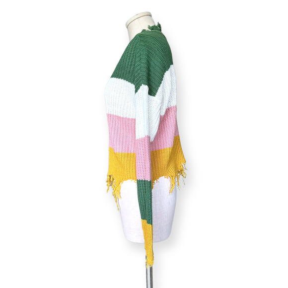 SAKS FIFTH AVENUE Colorblock Frayed Hem Sweater V-Neck Knit Pink Green Yellow - Picture 5 of 9